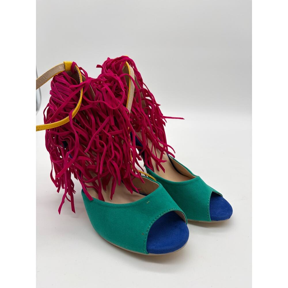 Fringe Heeled Sandals Women Peep Toe Ankle Strap Colorblock Size 5